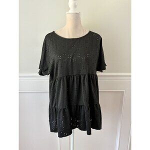 Black Pointelle Tiered Knit Top Size 1X